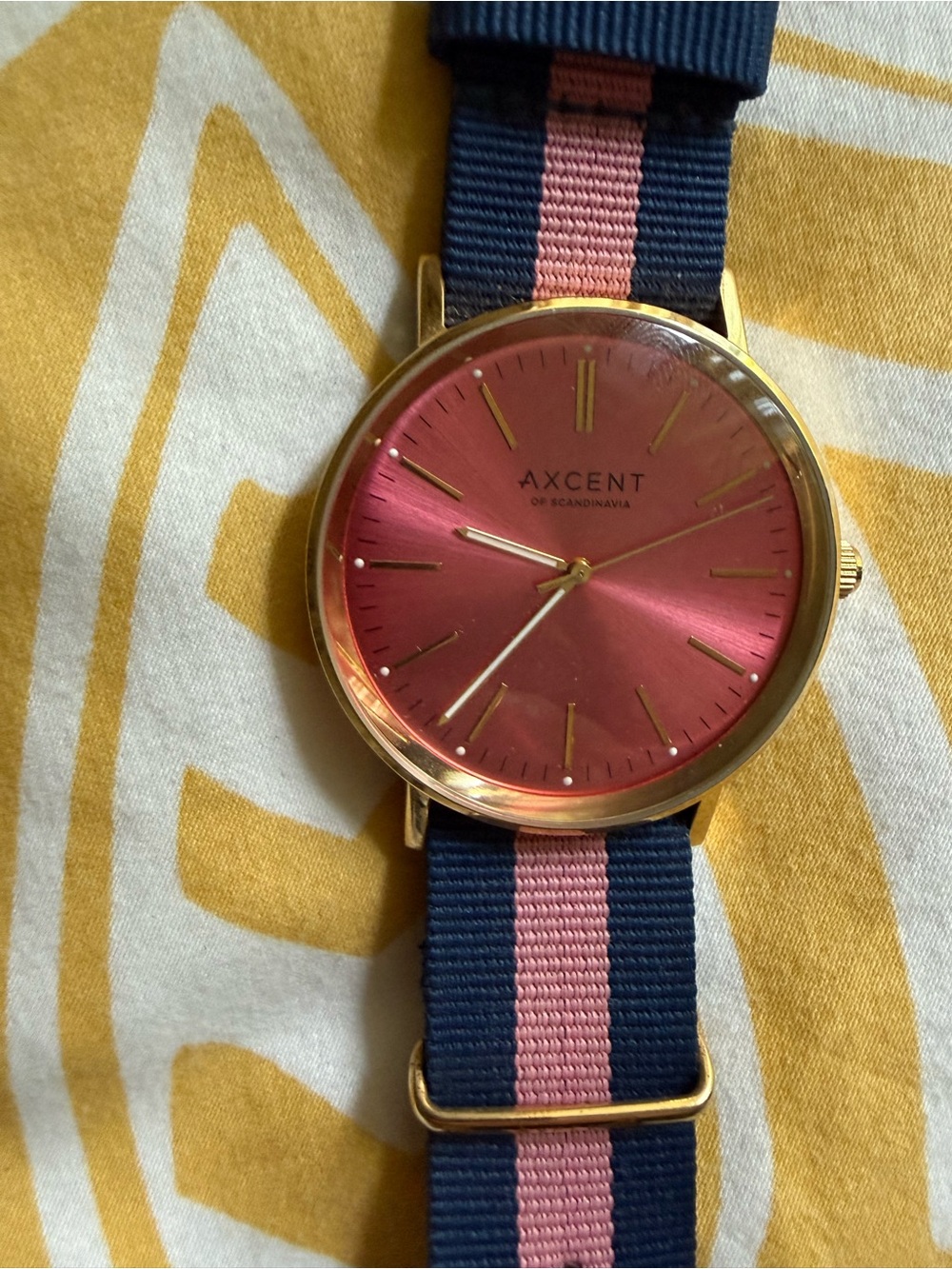 Pink Dial Gold Case Watch with Navy & Pink Strap
